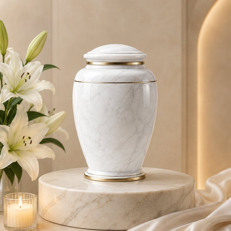 Urna cineraria in marmo bianco con dettagli oro - cremazione certificata Napoli